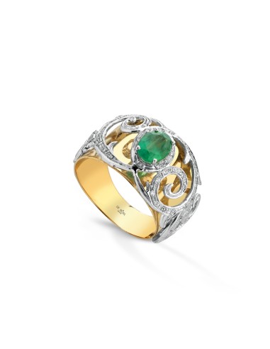 18 kt yellow gold banded ring with diamonds and central emerald