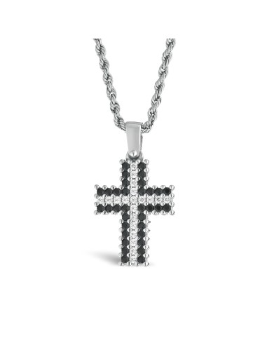 Male cross necklace in white gold with white and black zircons